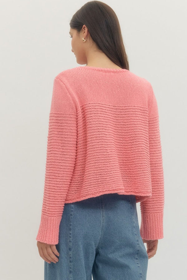 Coral Pink Long Sleeve Knit Top w Rib Texture
