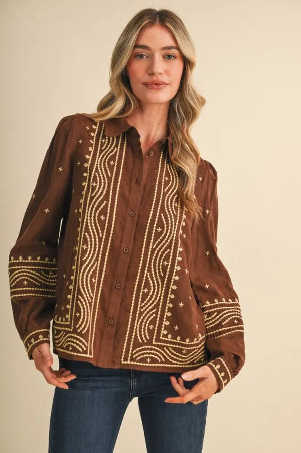Suede Chocolate Brown Embroidered Top