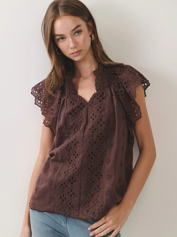 Eyelet Embroidered Chocolate Flutter Sleeve Top
