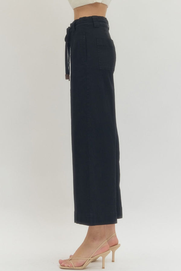 Solid Black Wide Leg Pants w Drawstring