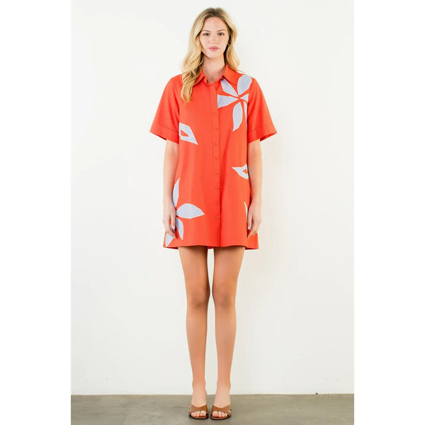 Orange Short Sleeve Floral Embroidery Dress