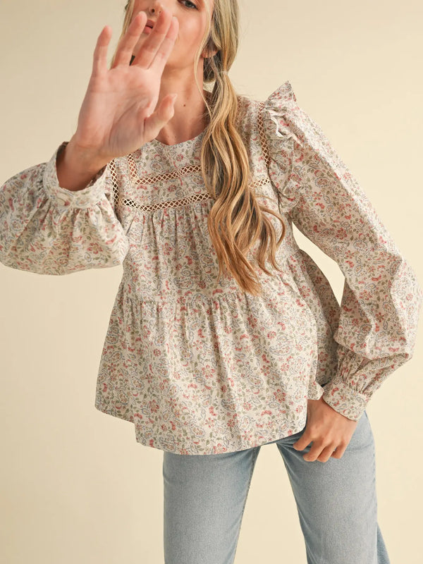 Cream Floral Ruffled Puff Sleeve Lace Trim Top