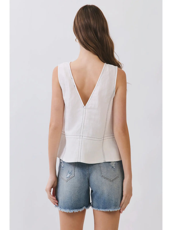 White Contrast Stitch Sleeveless V-Neck Top