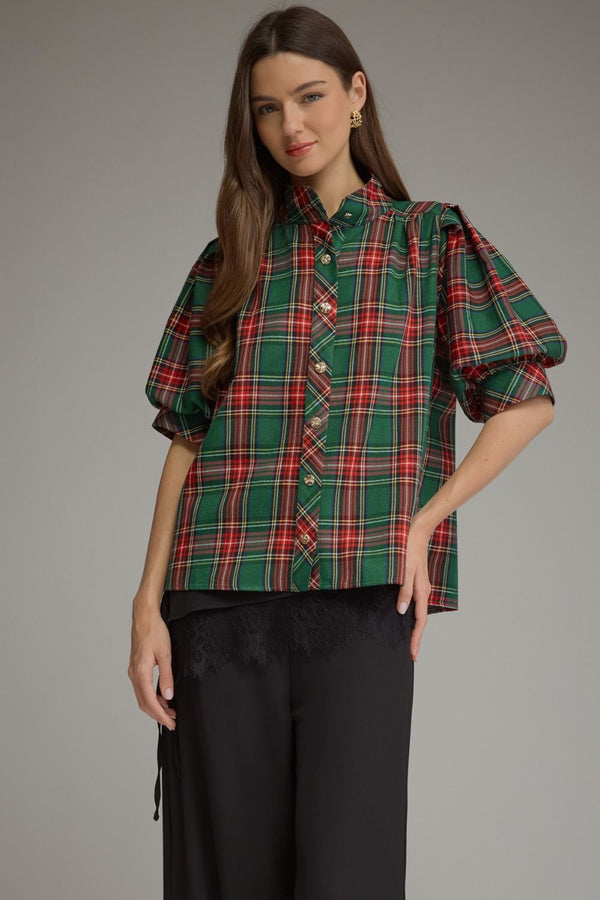Green Plaid Short Puff Sleeve Top featuring Button Cuffs