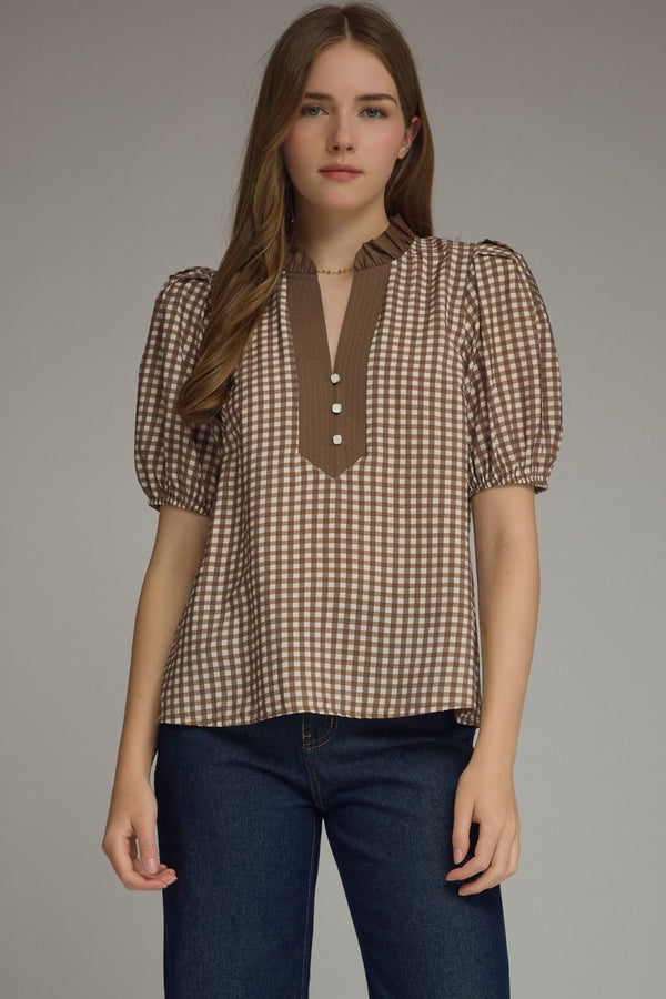 Brown Gingham Short Puff Sleeve Top w Contrast Inset Detail