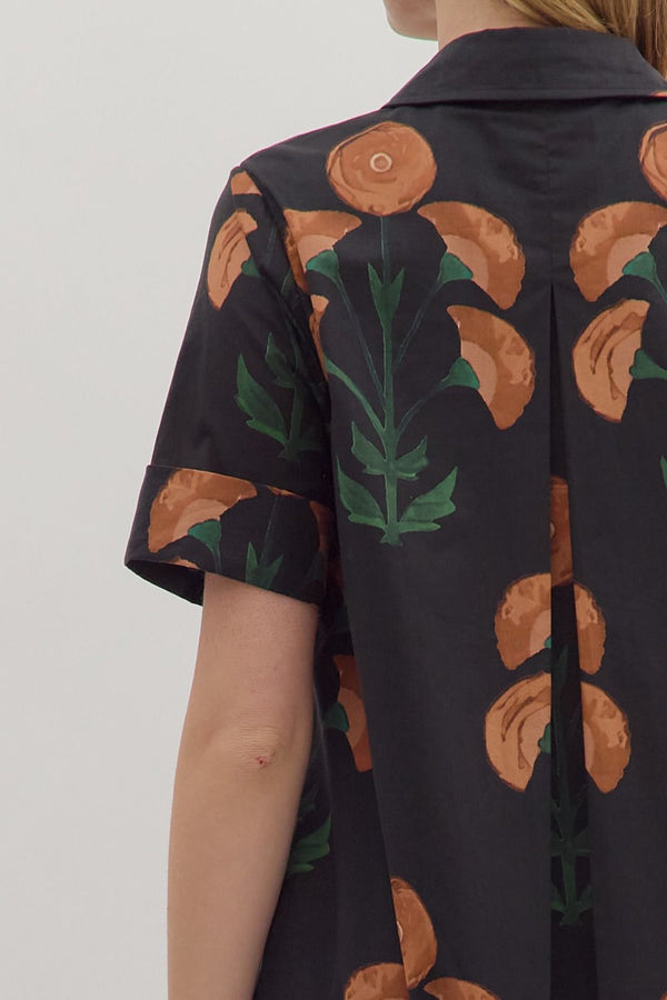 Black Floral Print Short Sleeve Midi Dress