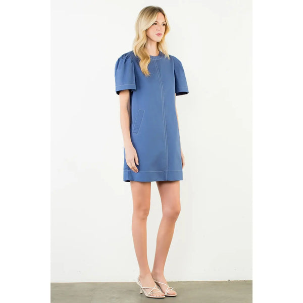 Blue Short Sleeve Contrast Stitch Dress
