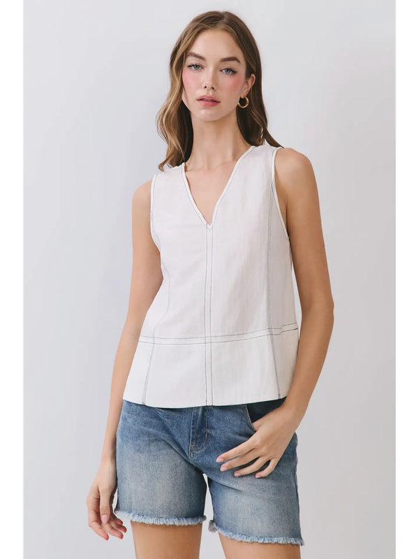 White Contrast Stitch Sleeveless V-Neck Top