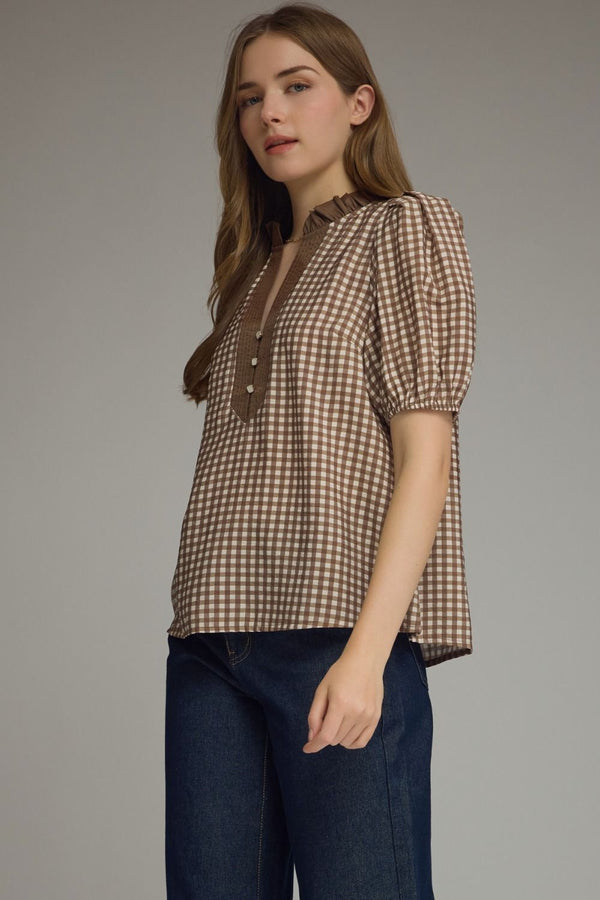 Brown Gingham Short Puff Sleeve Top w Contrast Inset Detail