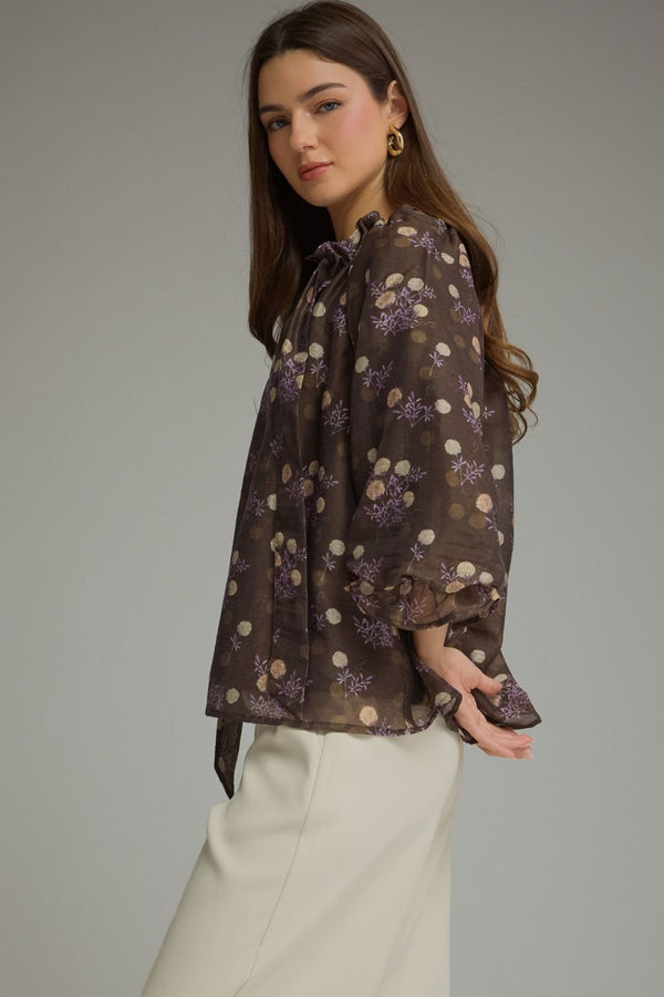 Brown Floral Print Poncho Sleeve Top w Self-Tie Front Detail