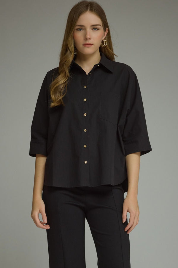 Black ¾ Sleeve Top w Button Closure