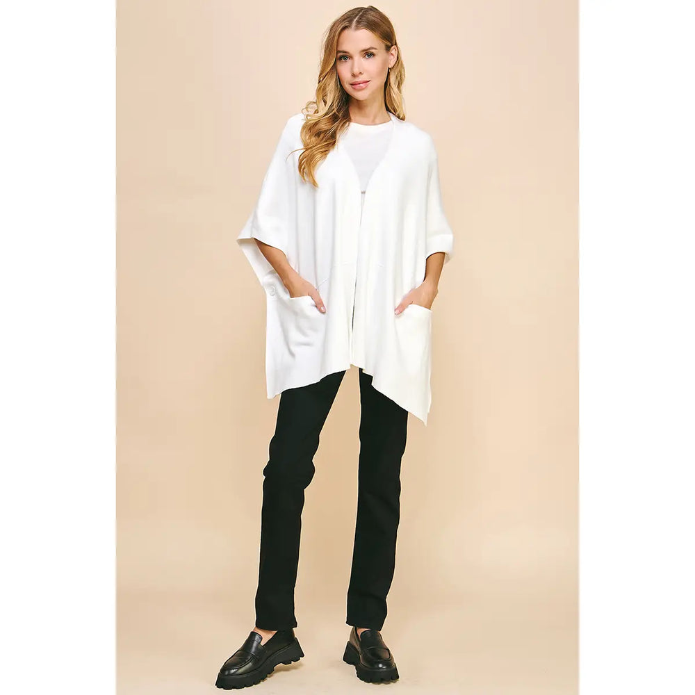 Sweater Cape/Poncho with Side Button - Off White