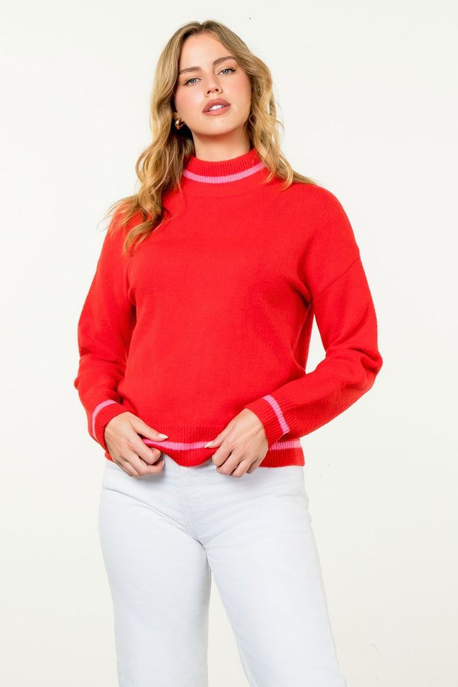 Red Mock Neck Knit Sweater