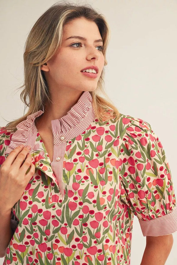 Short Puff Sleeve Red Floral Top w Stripe Contrast & Ruffled Neckline