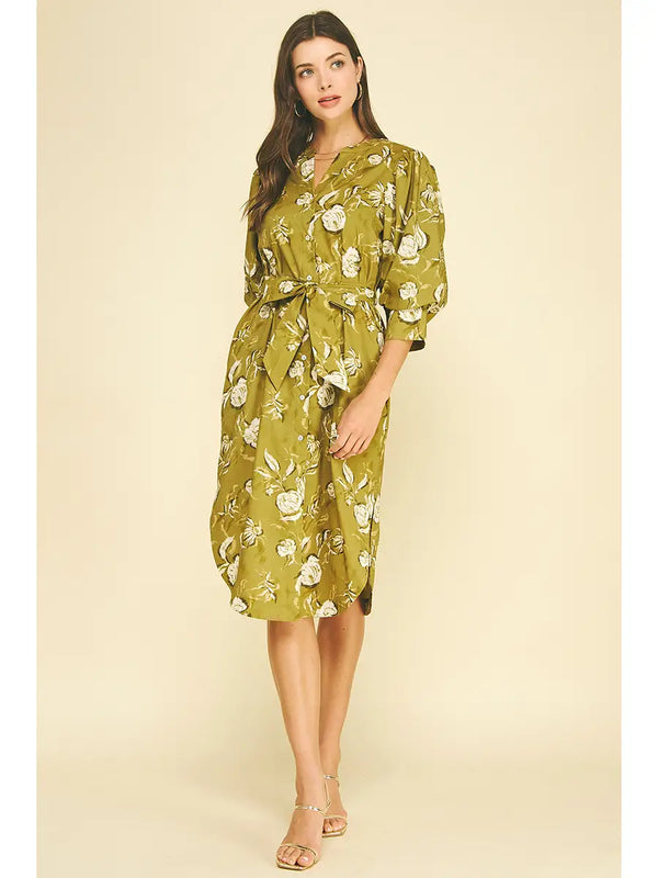 Floral Print Button Down Midi Dress | Golden Olive