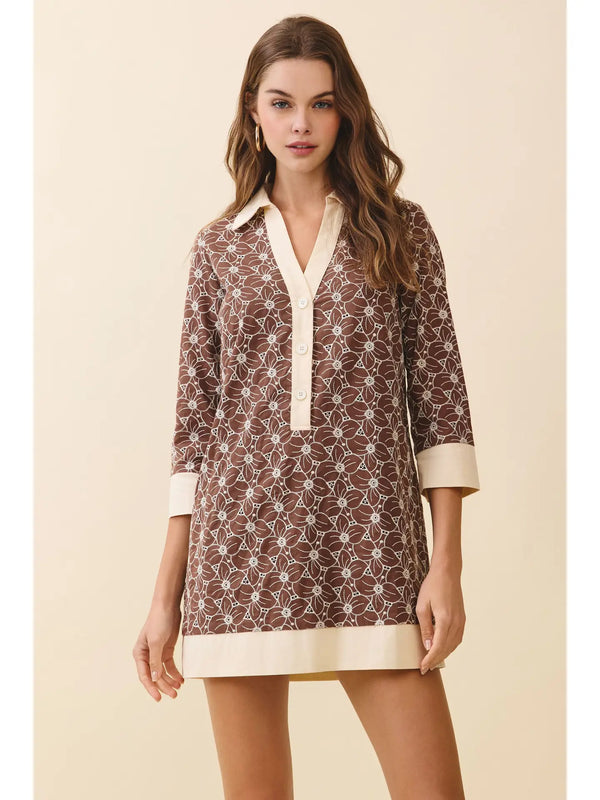 Brown Floral Print Contrast Collar and Hem Tunic Dress