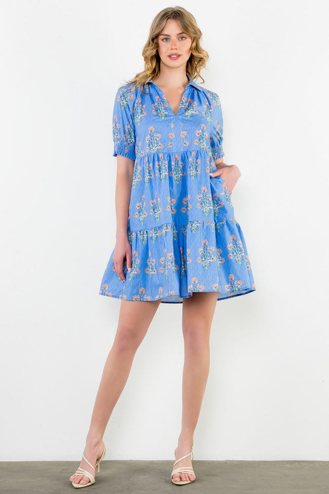 Blue Puff Sleeve Floral Dress