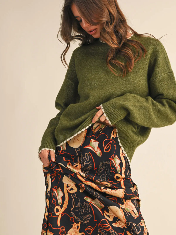 Olive Contrast Knit Scalloped Edge Sweater