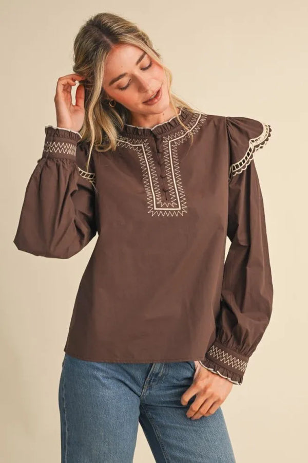 Cocoa Brown Embroidered Long Sleeve Top w Ruffle Mock Neckline