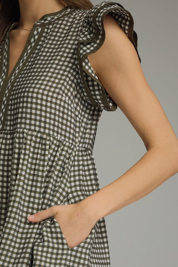 Olive Gingham Ruffle Cap Sleeve Midi Dress