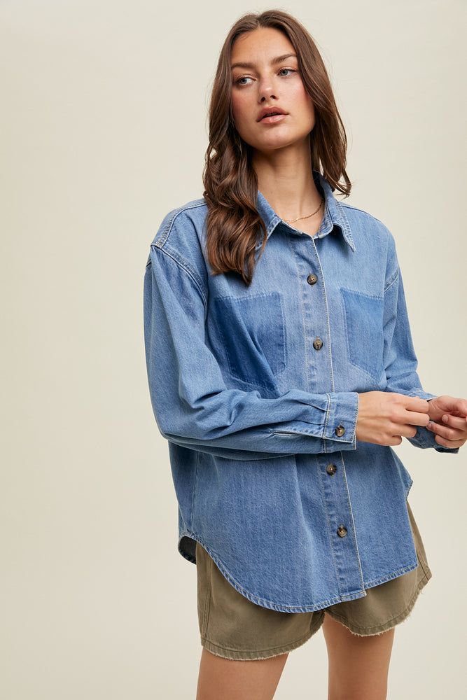 Denim Shirt with Burnout Pocket