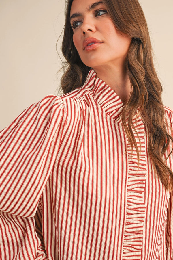 Red Striped Ruffled Button Down Long Sleeve