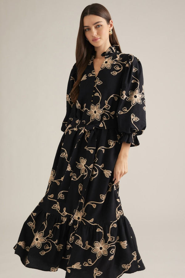 Black Floral Embroidered Puff Sleeve Midi Dress