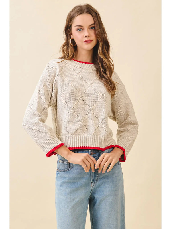 Contrast Red Trim Diamond Pattern Knit Sweater