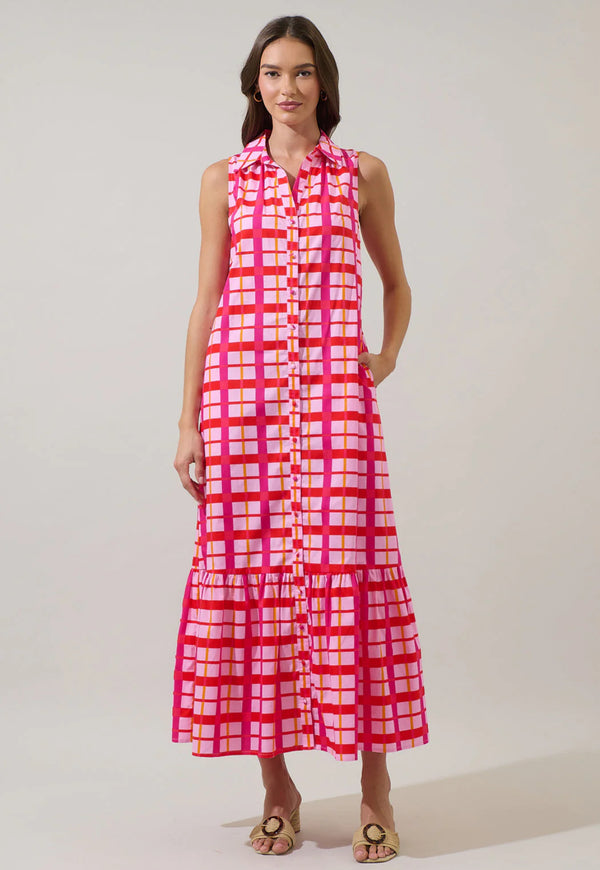 Darvy Pink & Orange Checker Cileah Collared Maxi Dress