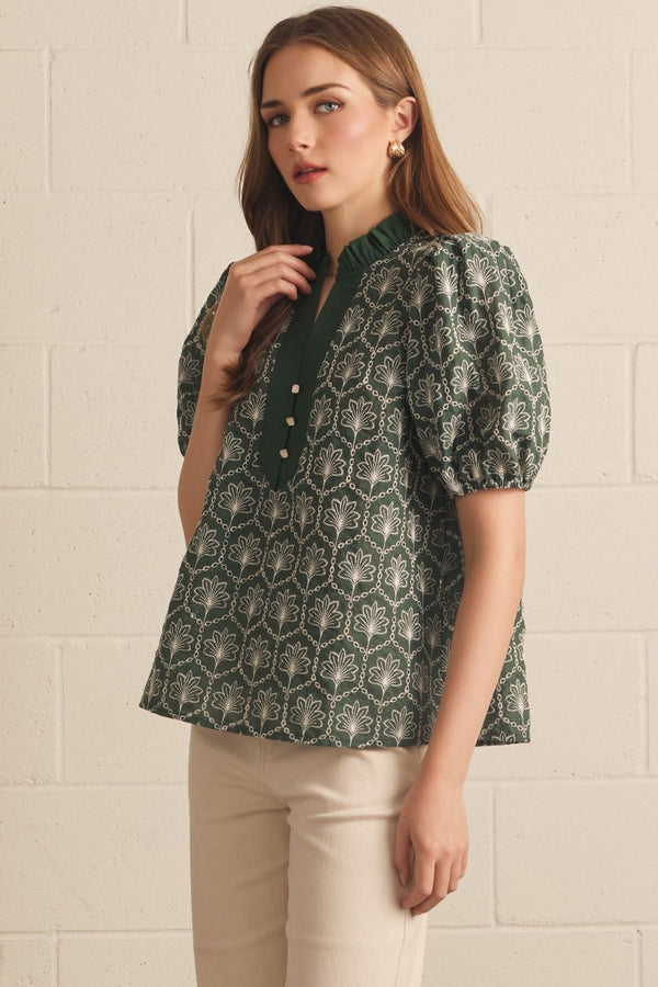 Army Embroidered Puff Sleeve Top w Ruffle Neck
