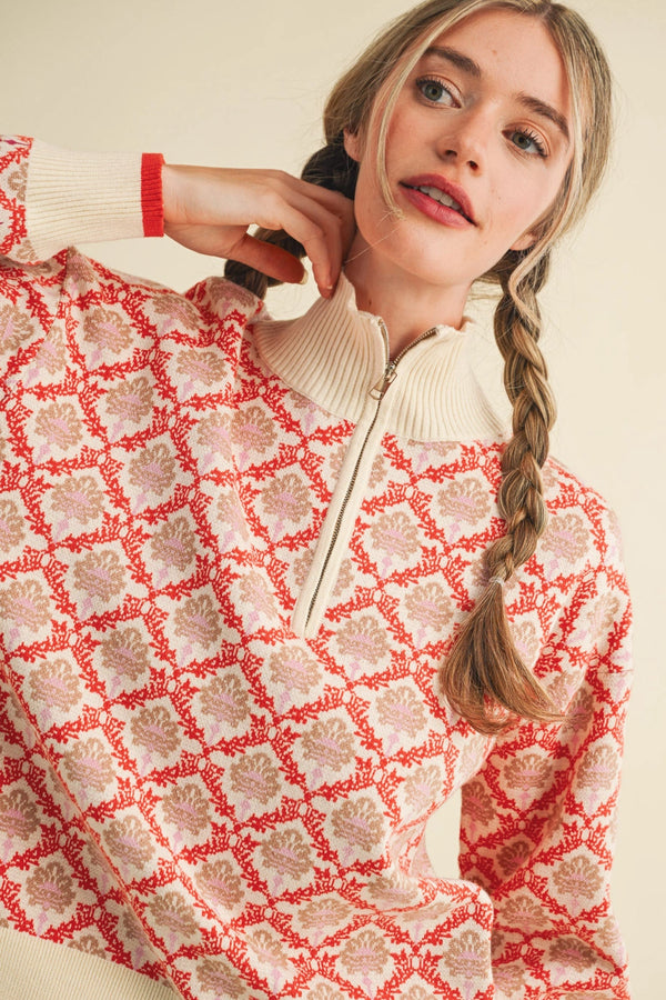 Floral Mock Neck Half Zip Pullover: Cream Orange