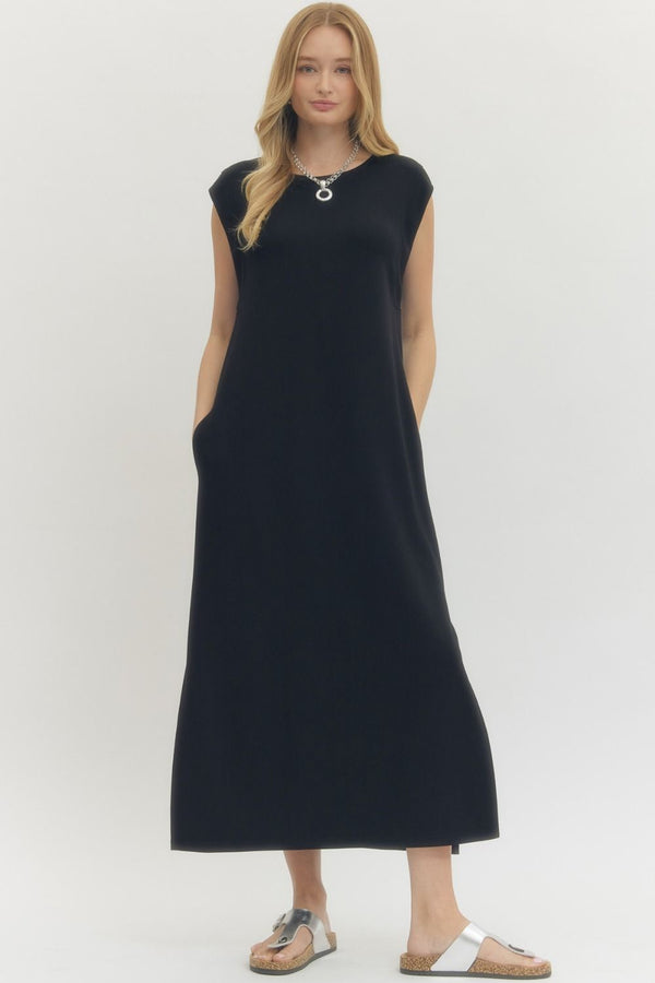 Solid Black Jersey Knit Pullover Midi Dress