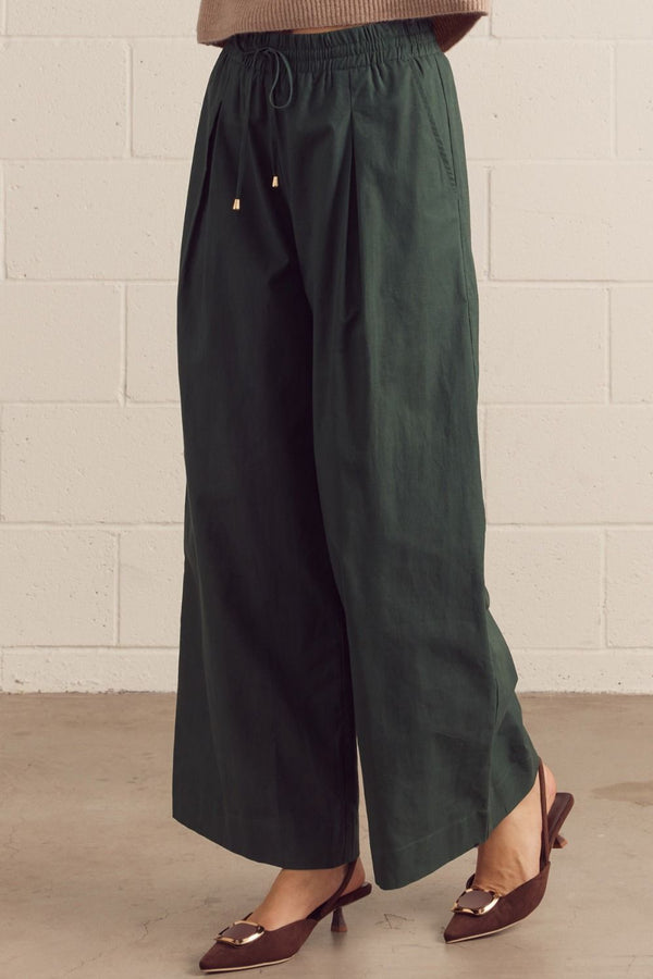 Forest Green Wide Leg Pants w Drawstring Waistband