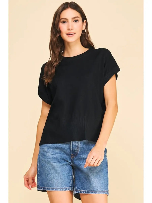 Black Solid Cap Sleeve Knit Top
