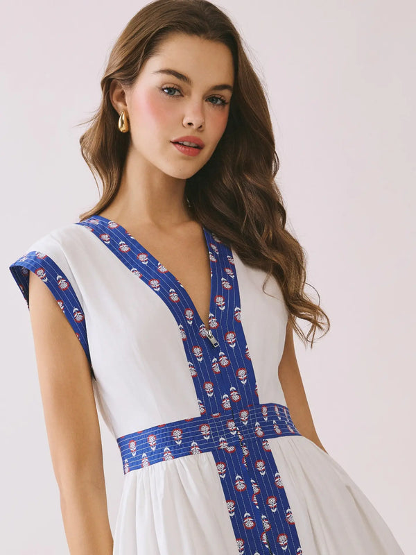 Contrast Printed Trim Detail V Neck Midi Dress