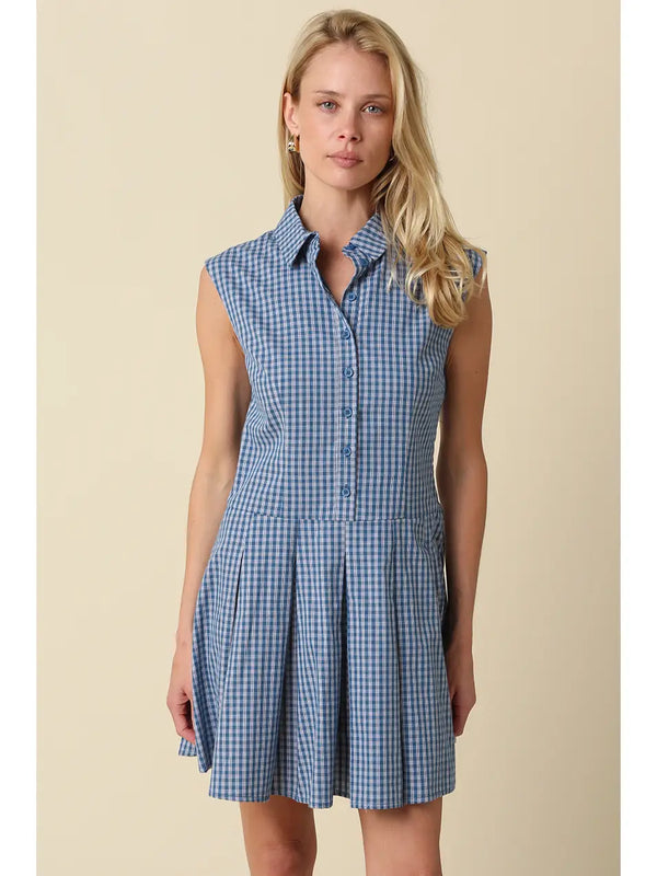 Sarai Gingham Sleeveless Shirt Dress | Teal Blue