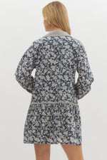 Navy and Cream Floral Print Dress with Striping Details