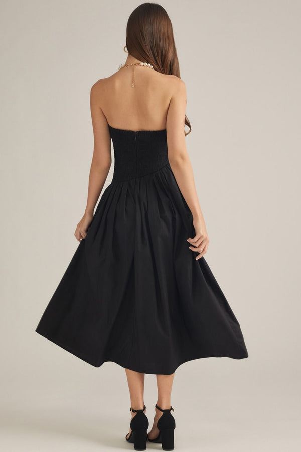 Solid Black Strapless Midi Dress featuring Pleated Bodice