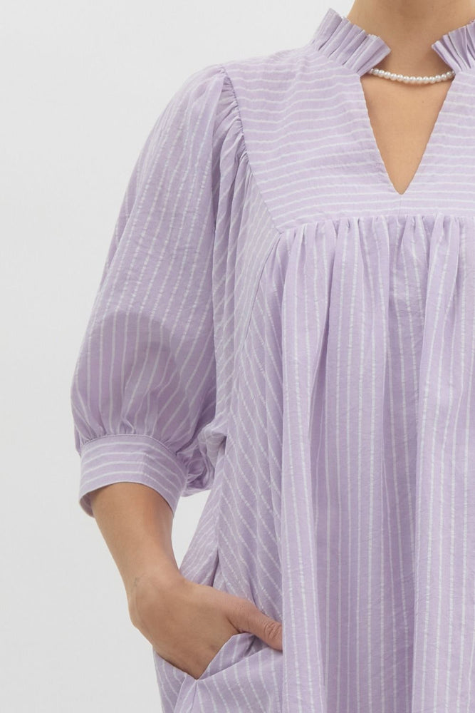 Pinstripe V-Neck Dress - Lavender