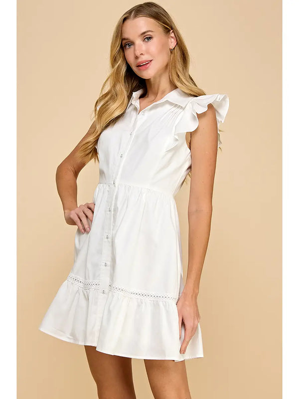 White Fit and Flare Button Up Ruffled Sleeves Dress
