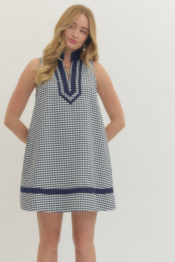 Navy Gingham Sleeveless Mini Dress w Contrast Trim