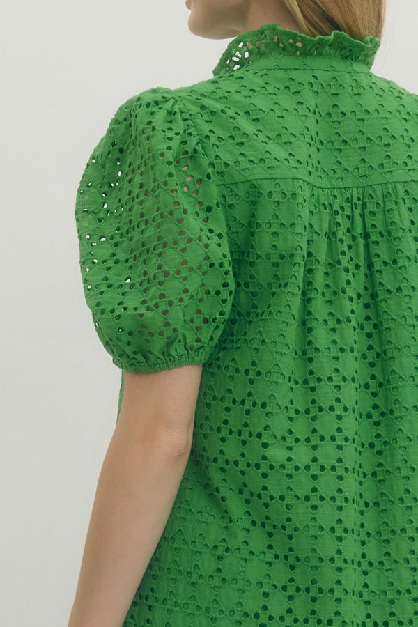 Green Eyelet Puff Sleeve Midi Dress
