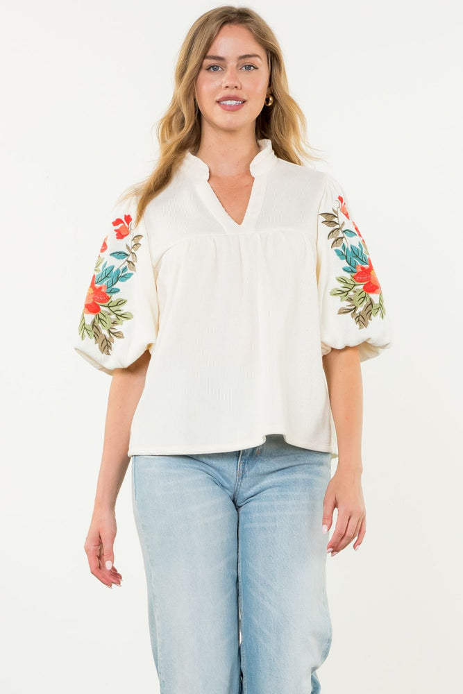 Embroidered Puff Sleeve Top