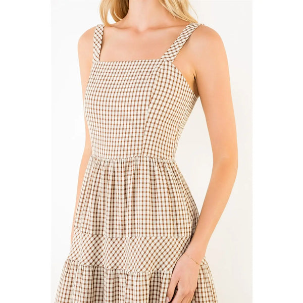 Thin Strap Brown Gingham Tiered Dress
