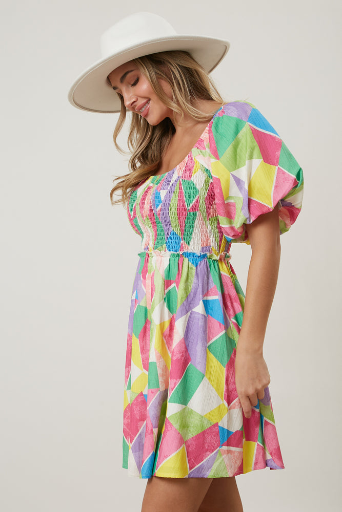 Brushed Geo Print Smocked Dress