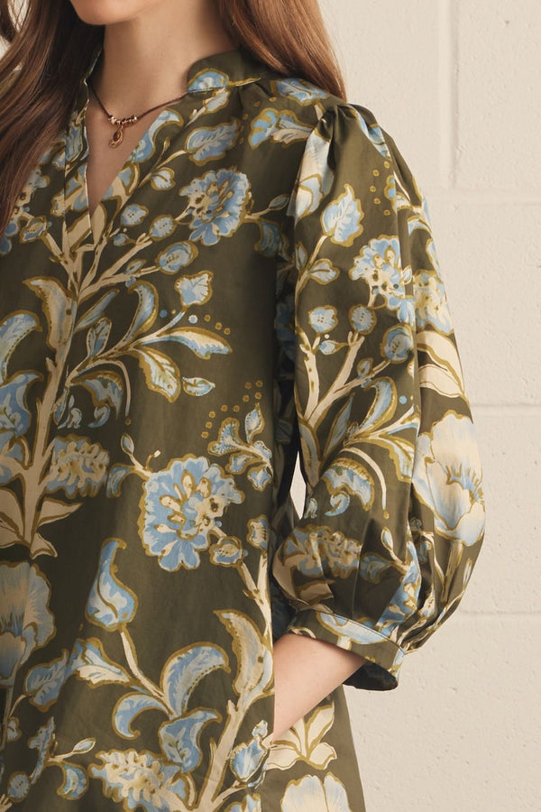 Floral Print Olive 3/4 Puff Sleeve Mini Dress