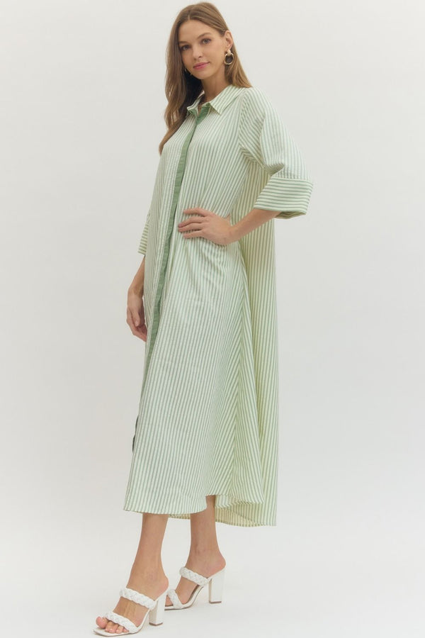 Sage Striped 3/4 Sleeve Midi Dress