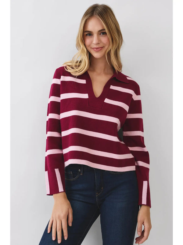 Striped Knit Polo Sweater | Burgundy/Pink