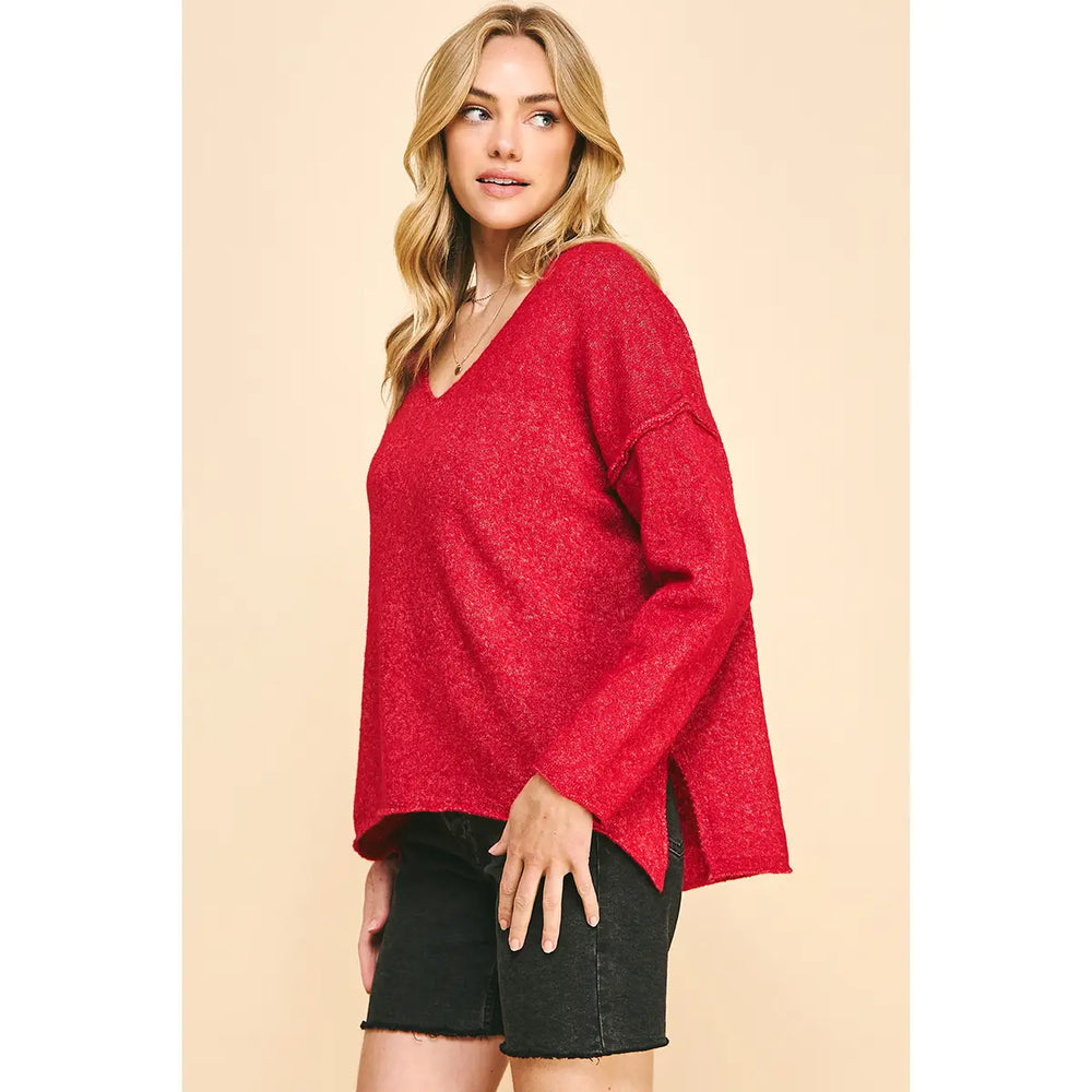 Soft V Neck Knit Sweater - Red