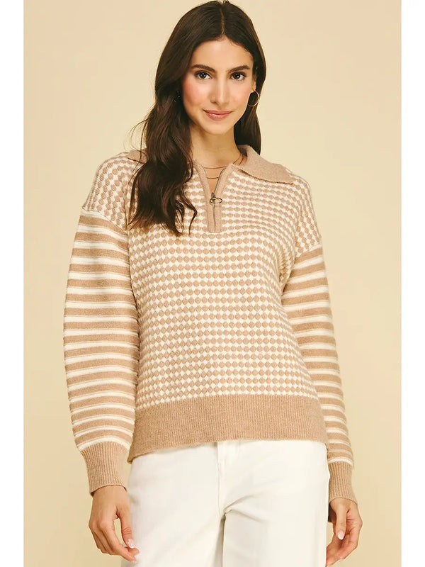 Mixed Pateern Quarter-Zip Knit Sweater | Oatmeal